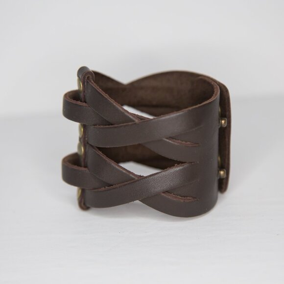 Viking Punk Boho Style Brown Woven Leather Cuff Snap Bracelet - Picture 4 of 10